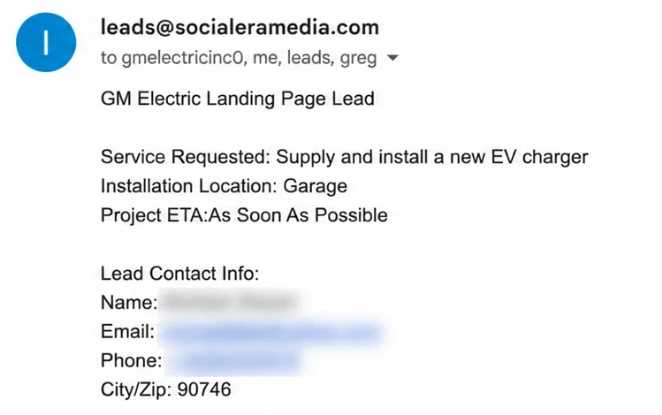 Lead email for an electrician showing the EV charger service requested, installation location, project ETA and contact info