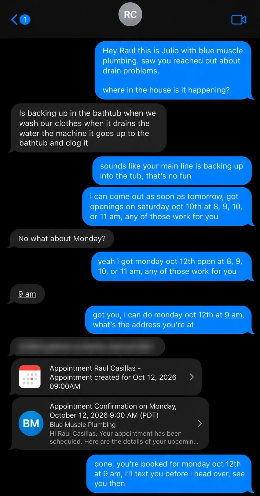 Text message thread where the AI asks a lead for the address, books Monday at 9 am, and confirms the appointment in the thread